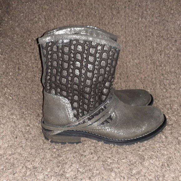 GOODSTEP-Portugal-Silver Crackled Leather/Fabric-Moto Boots-Pull-On-Sz 38-NM - Picture 4 of 7